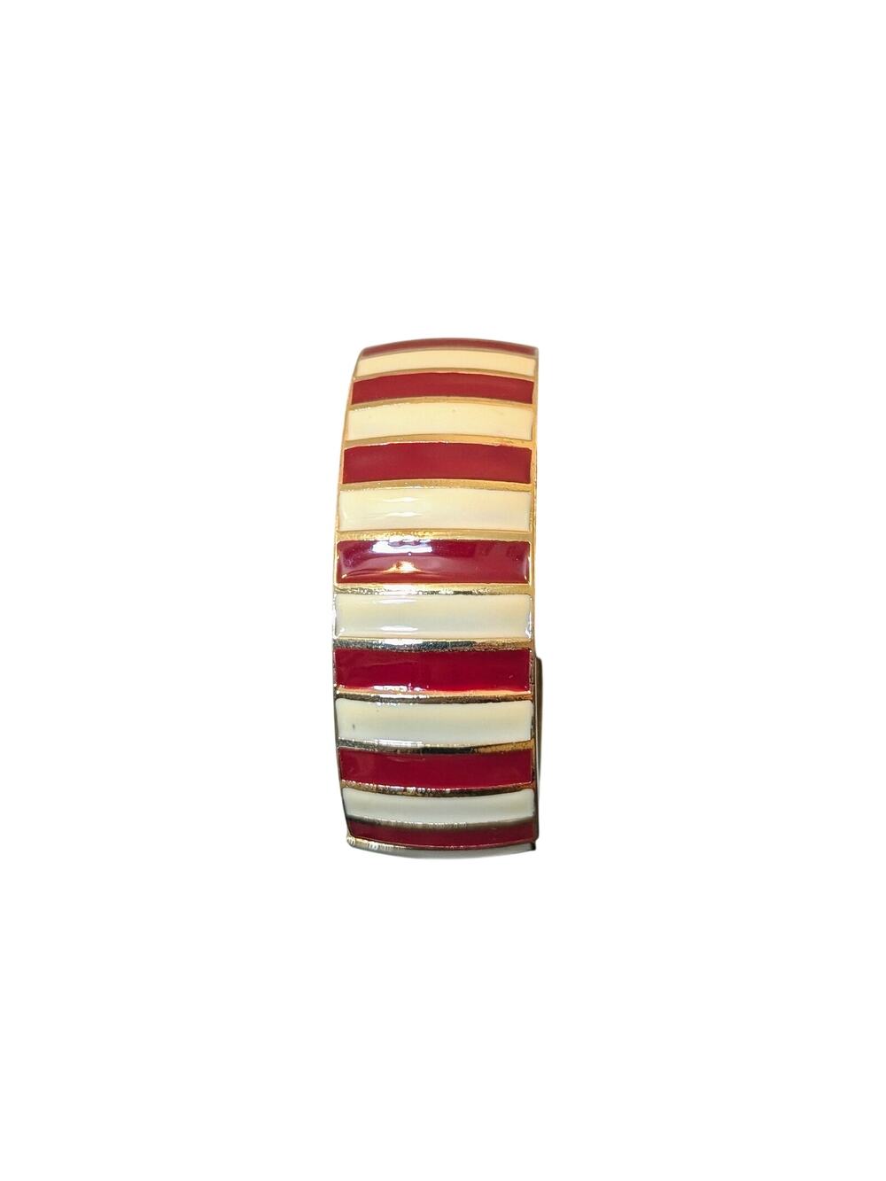Red Cream Stripe Gold Tone Oval Clamper Style Bangle Bracelet